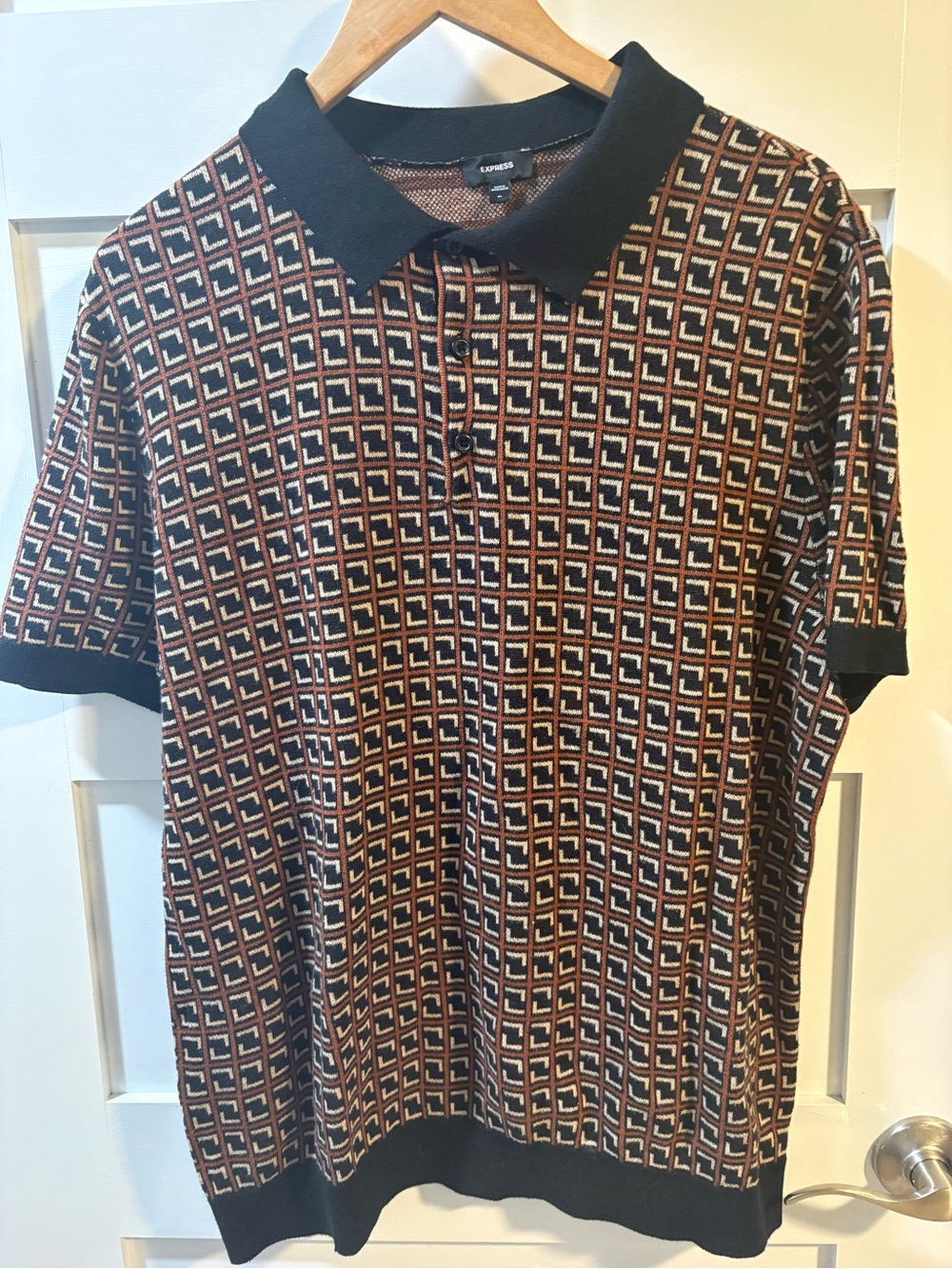 Express Men’s XL Geometric 100% Cotton Knit Polo Shirt Retro Brown Black - Picture 2 of 5